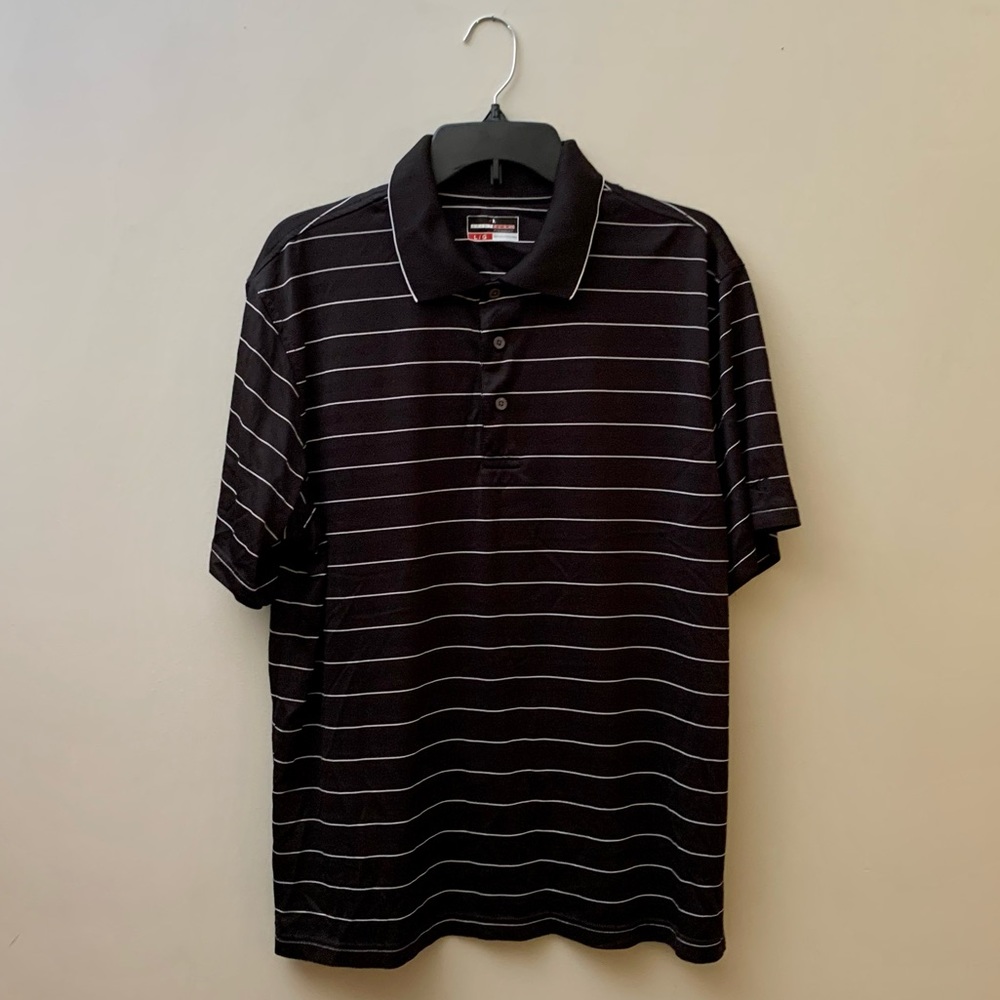 Grand Slam Performance Men’s Black w/ White Stripe Short Sleeve Polo. Size L